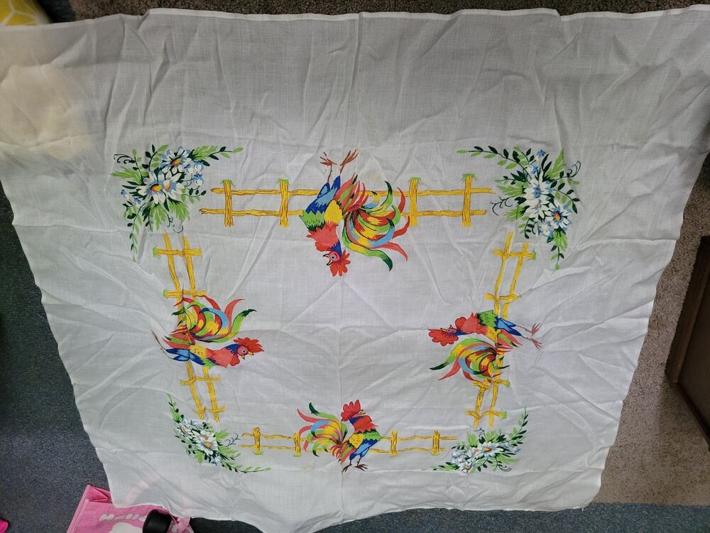 Vintage 40s 50s Hand Prints Rooster Cotton Tablecloth Square